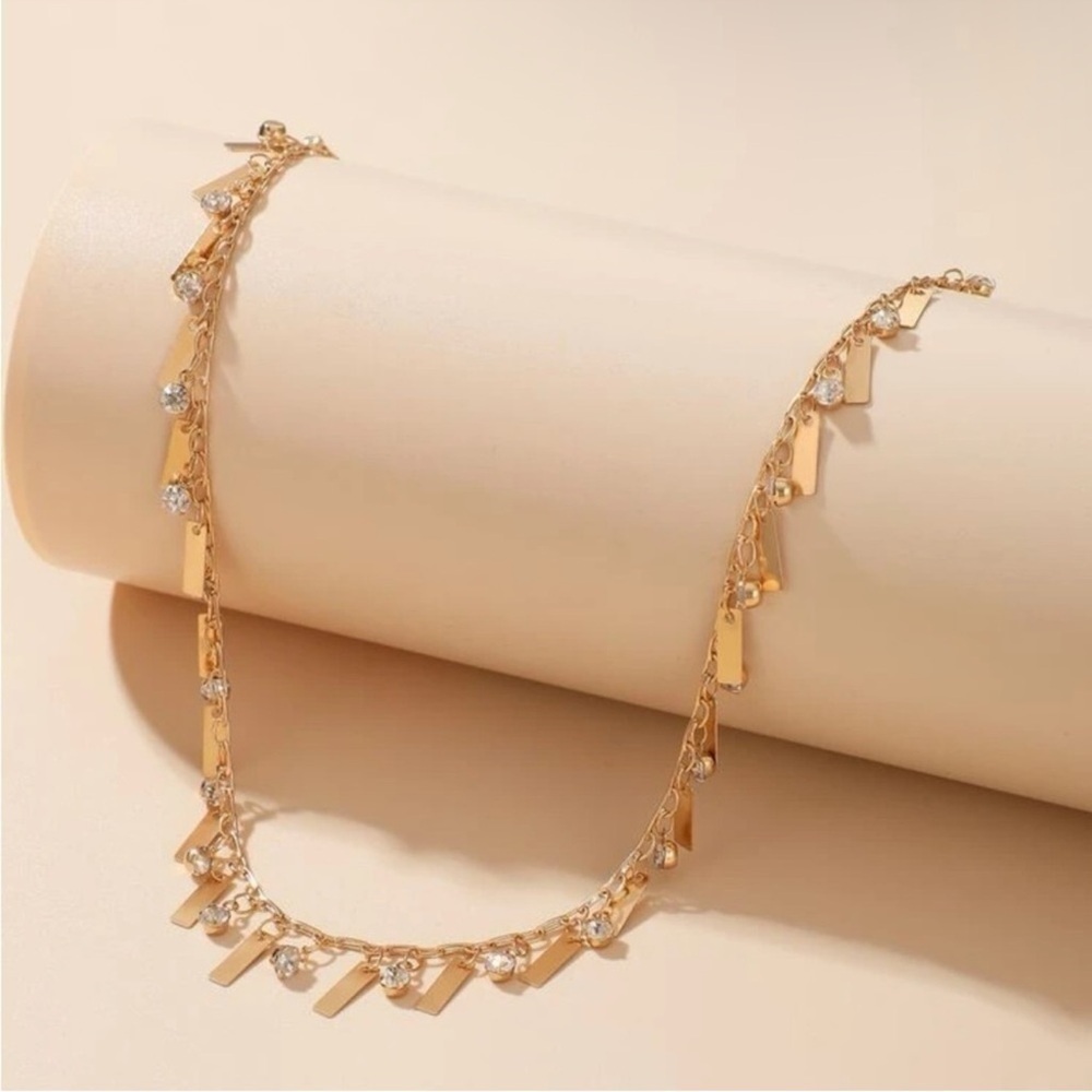 Gold Geometric & Rhinestone Dangle Necklace - Picture 2 of 2